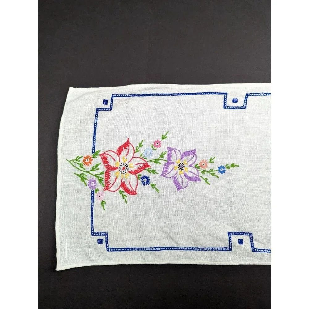 Vintage Table Runner White Colorful Floral Embroidered Rectangular 36 x 11.5